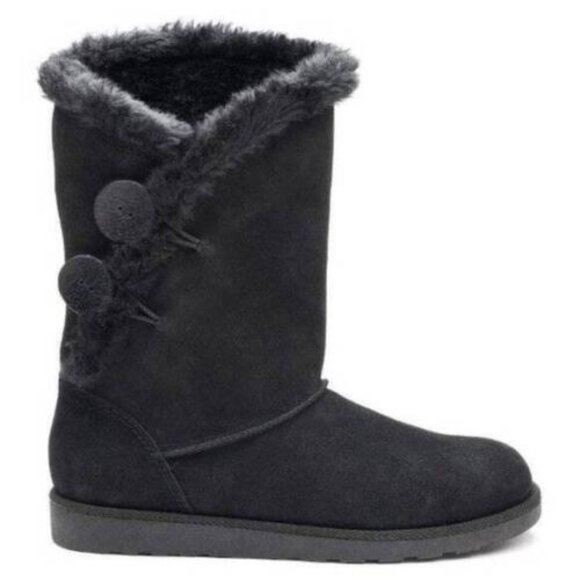 Womens Winter Boots SO Black 7 Mid Calf Pull On Plush Suede Button Fx Fur Trim - Picture 1 of 11